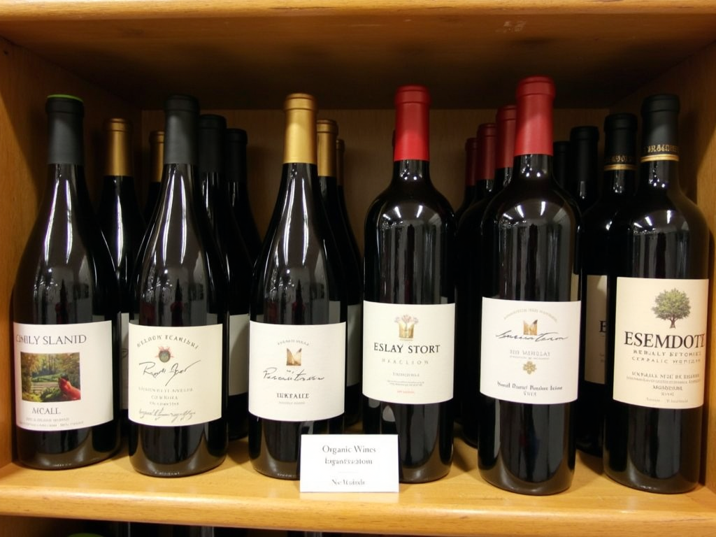 A selection of organic wine bottles from various brands, displayed on a wooden shelf.