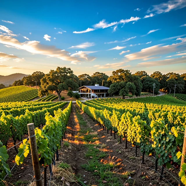 Napa Valley vineyards glowing at sunset