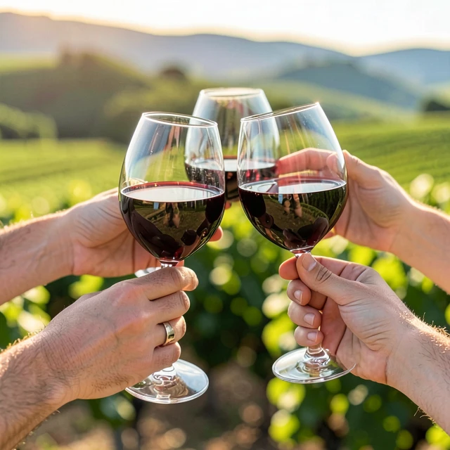 Friends toasting with red wine glasses in a Napa Valley vineyard