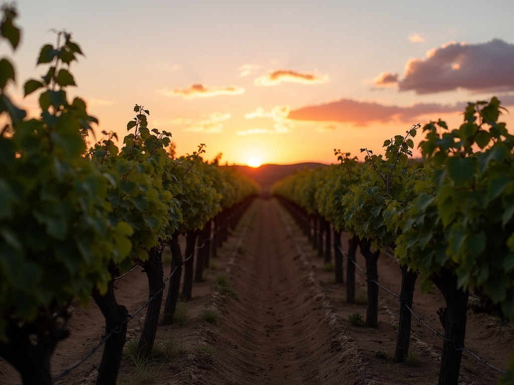 Sustainable vineyard in California at sunset