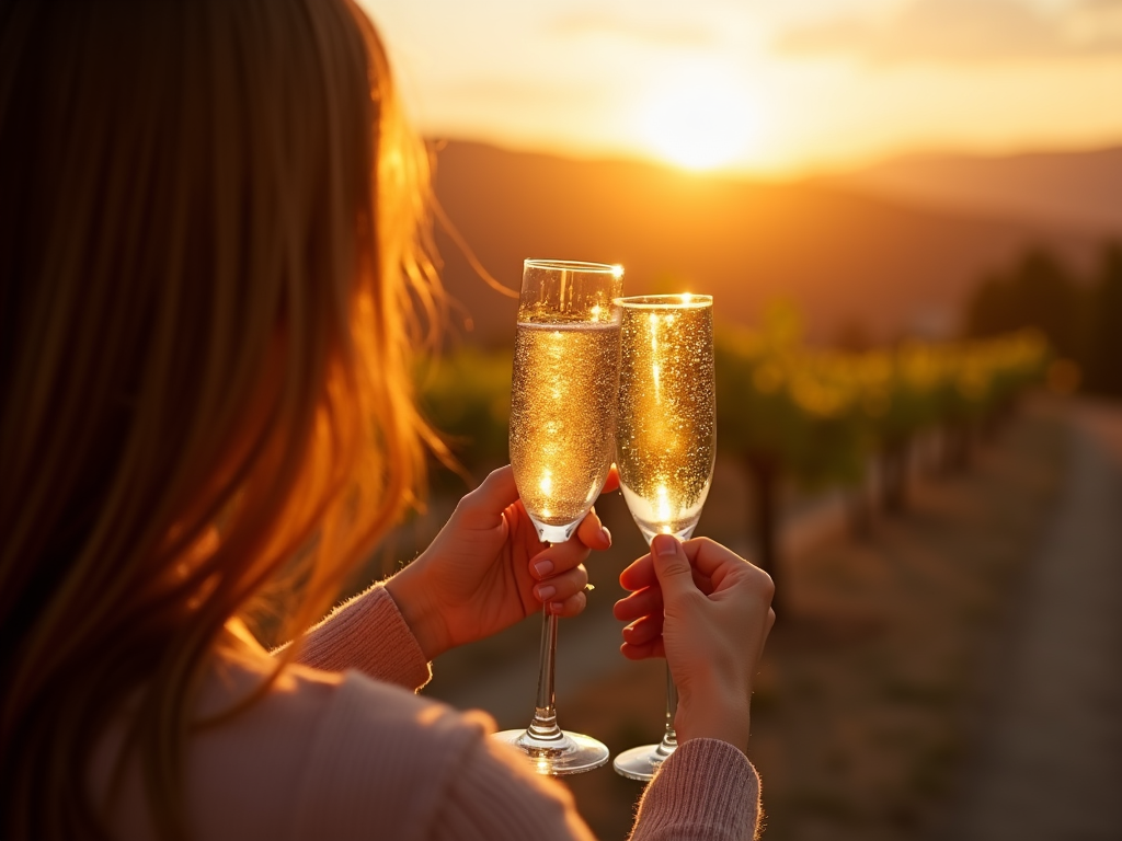 A person toasting with a glass of sparkling wine at sunset.