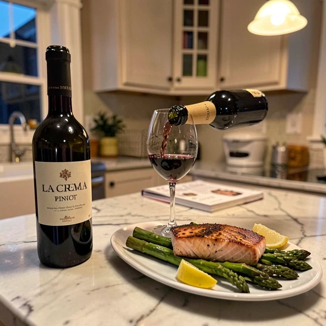 La Crema Pinot Noir with seared salmon in a home kitchen