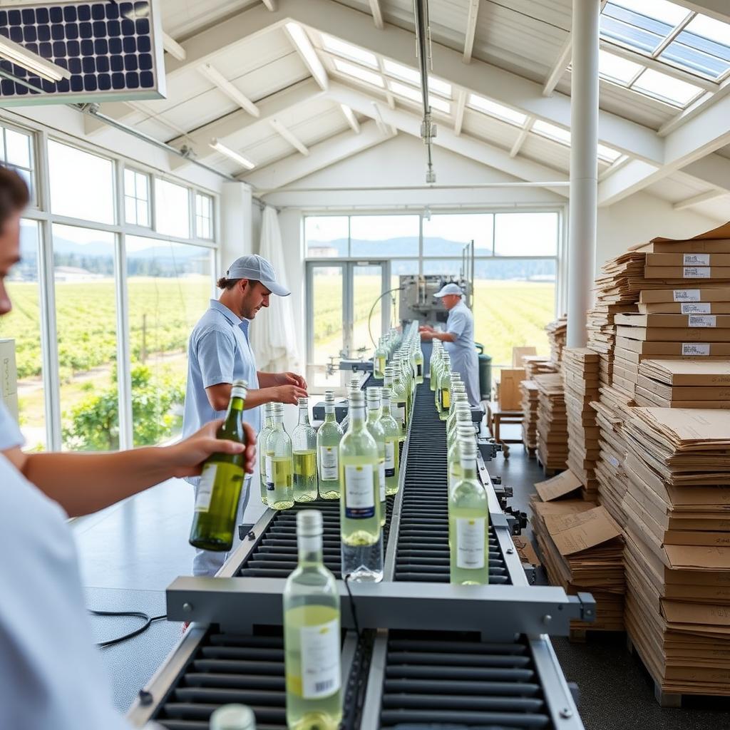 Inside a sustainable winery with workers bottling wine, solar panels on the roof, and eco-friendly packaging.