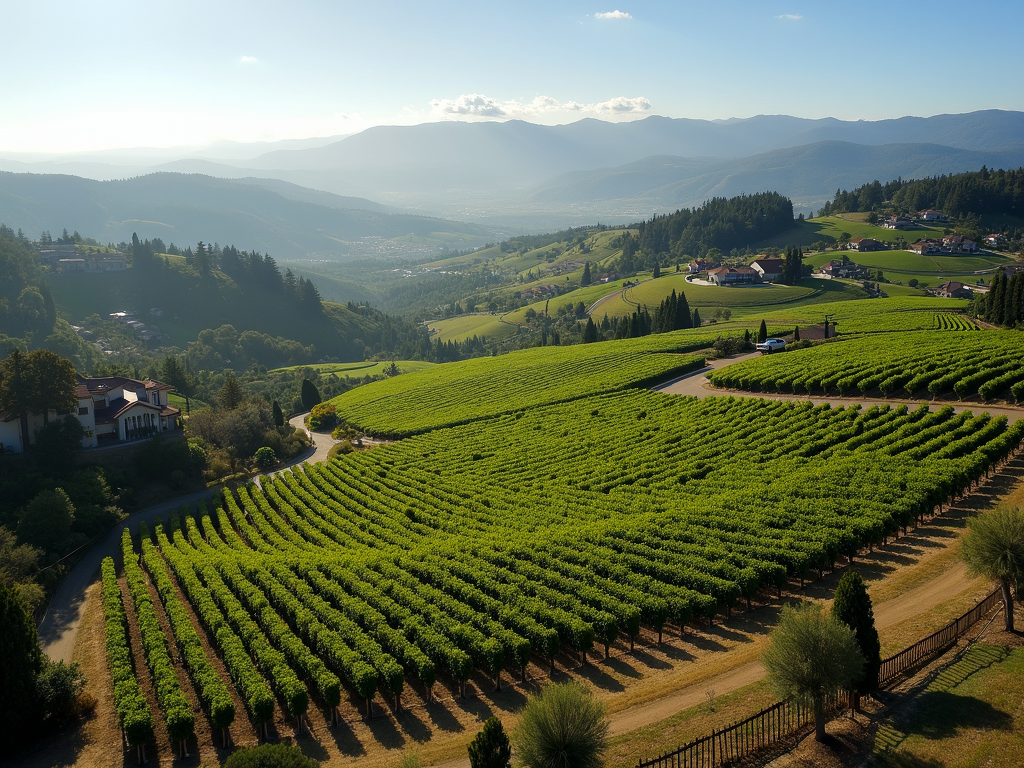 An aerial view of Napa Valley showcasing endless rows of vineyards and the beautiful landscape of wine country.