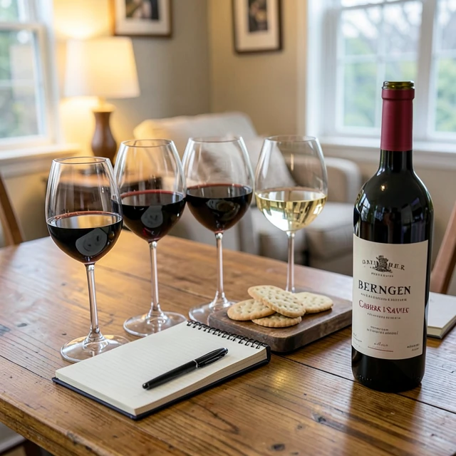 Home wine tasting setup with Beringer bottle