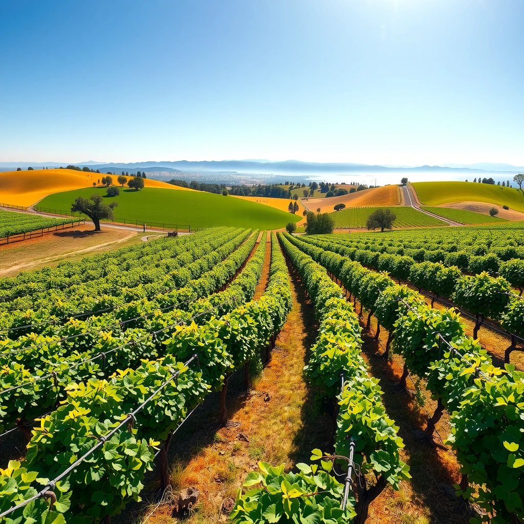 Scenic vineyard landscape in Sonoma County with rolling hills and grape vines under a blue sky