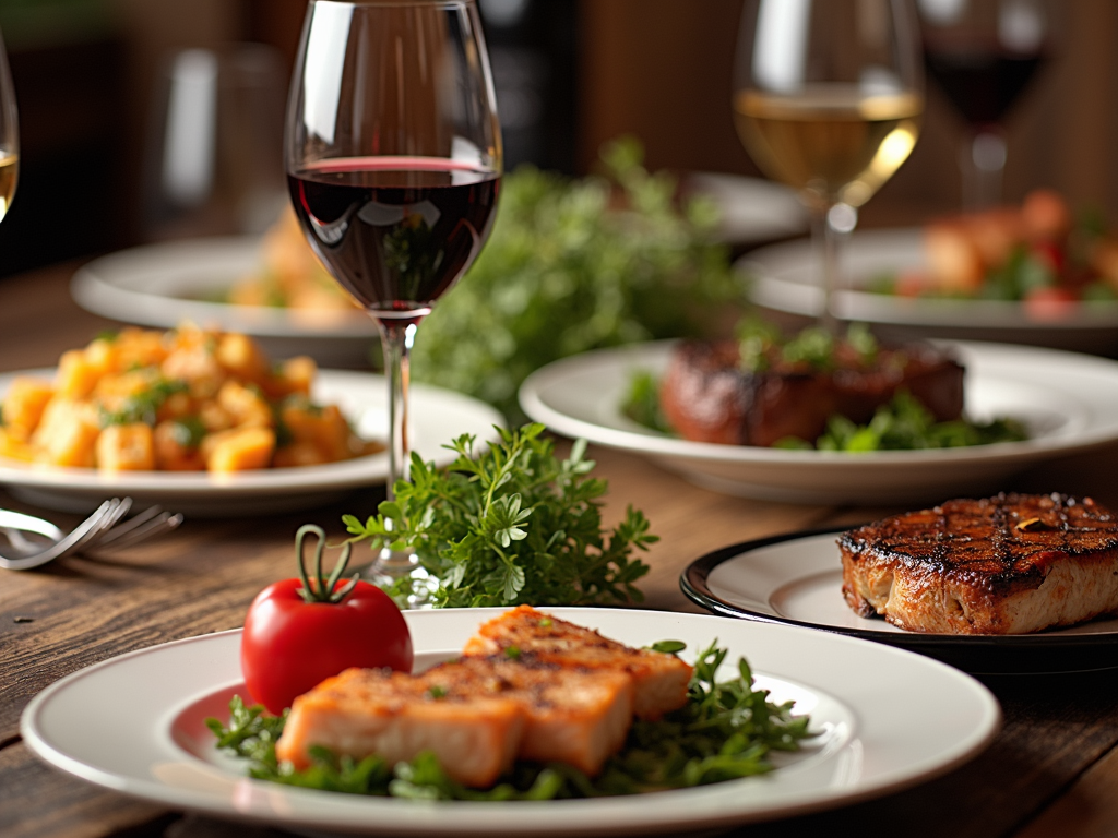 Dinner table with food and wine
