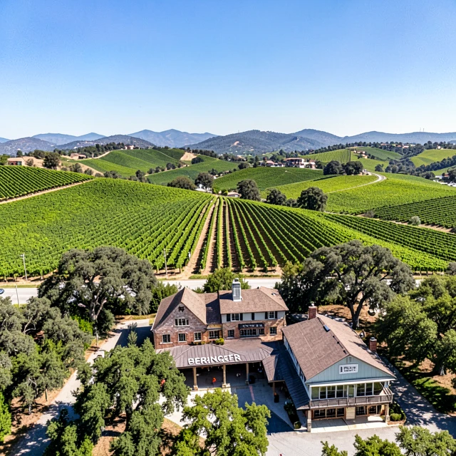 Sunny Napa Valley vineyards with historic winery