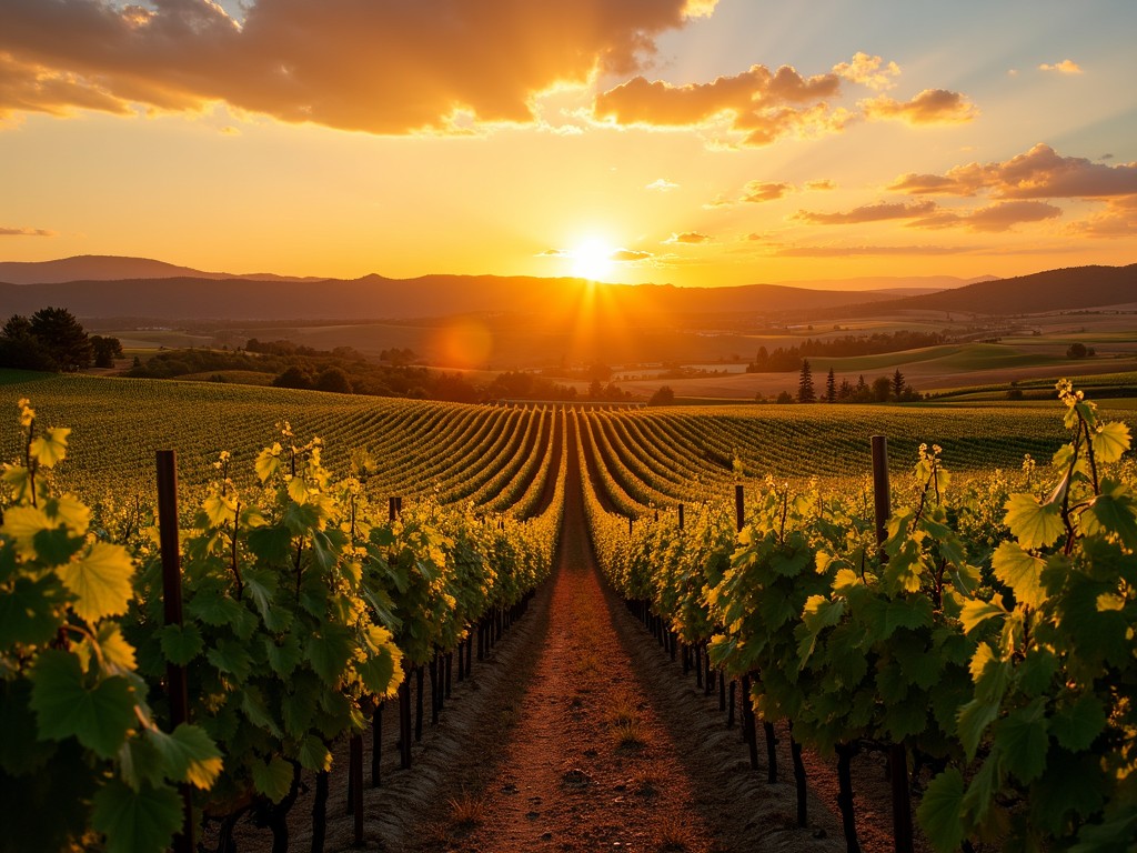 A vineyard landscape bathed in golden evening light, emphasizing the rows of Cabernet Sauvignon vines.