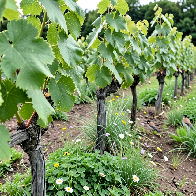 Sustainable vineyard with cover crops and biodiversity thriving between vine rows