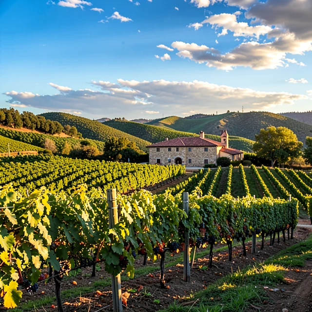 Scenic panoramic view of Napa Valley vineyards and a historic winery at golden hour