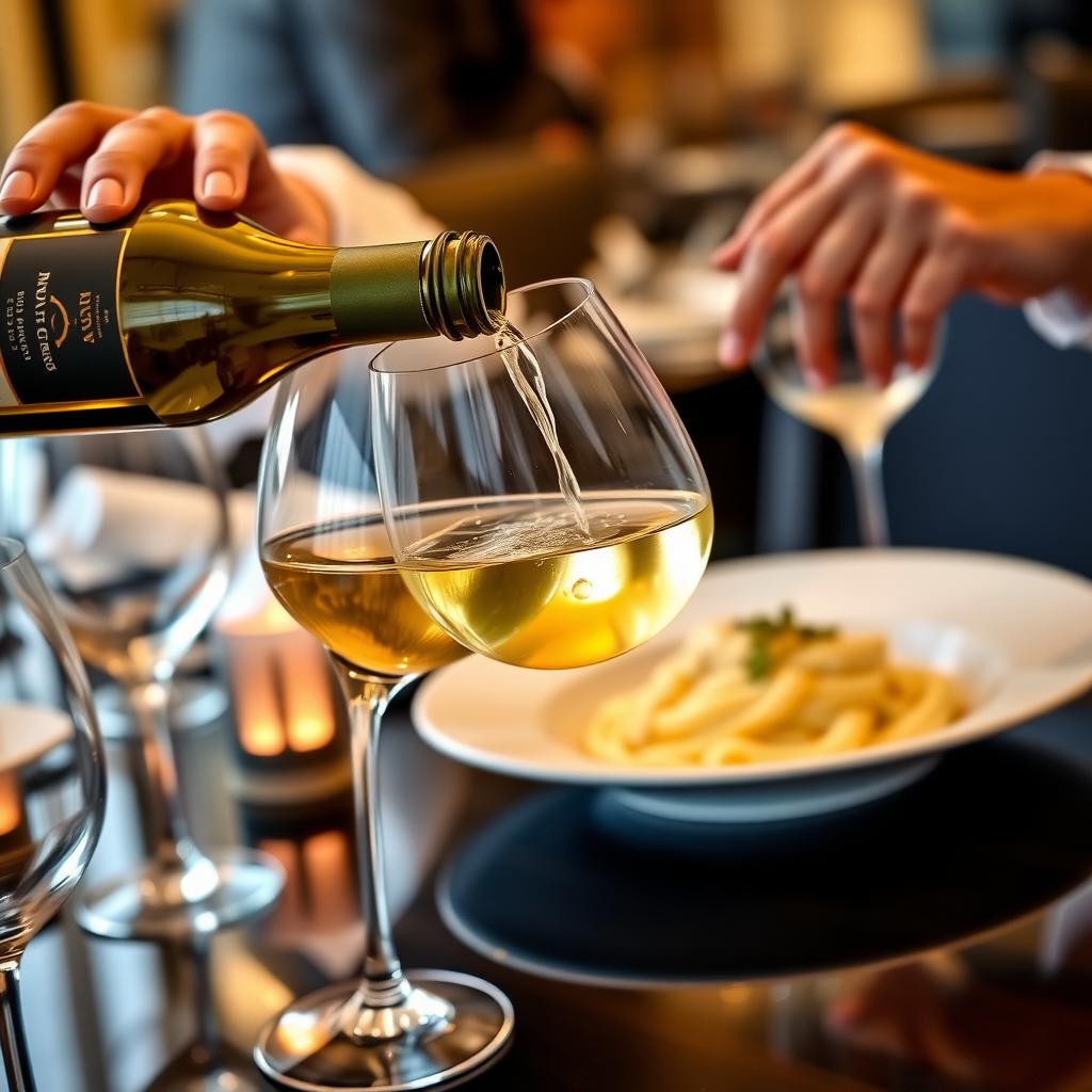 Sommelier pouring Jackson Family Wines Chardonnay into a glass with creamy fettuccine Alfredo in the background, in a modern dining room with warm lighting.