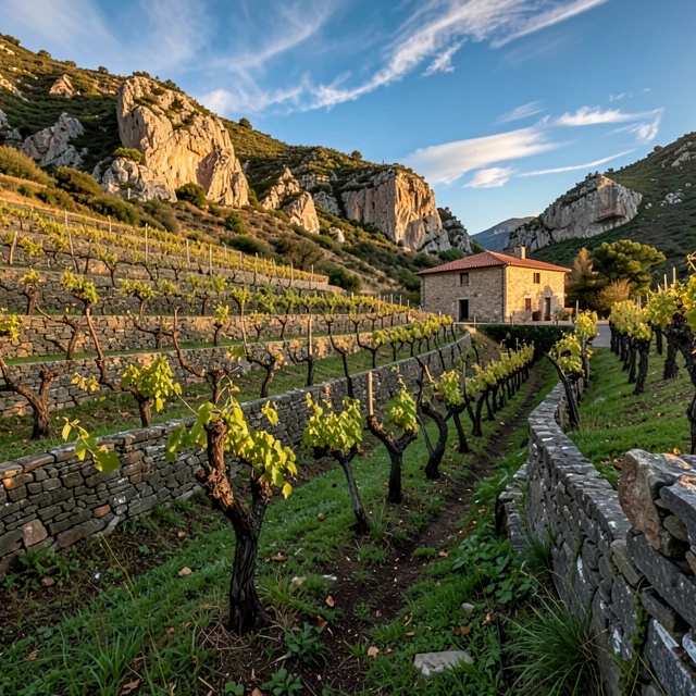 Steep terraced vineyards in the hidden Priorat region of Spain at sunset