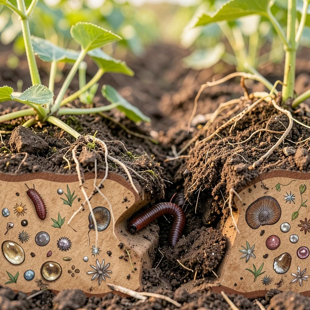 Close-up of regenerative vineyard soil showing healthy ecosystem and compost practices