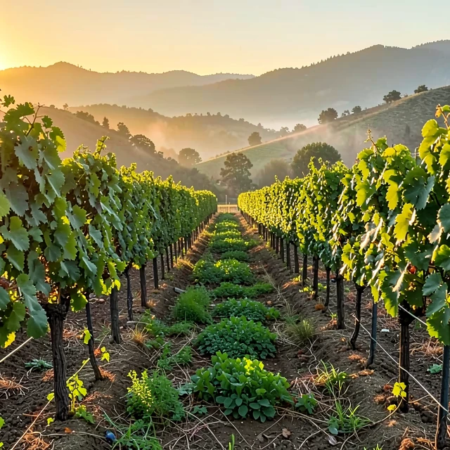 Organic vineyard in Napa Valley at sunrise showing sustainable farming practices