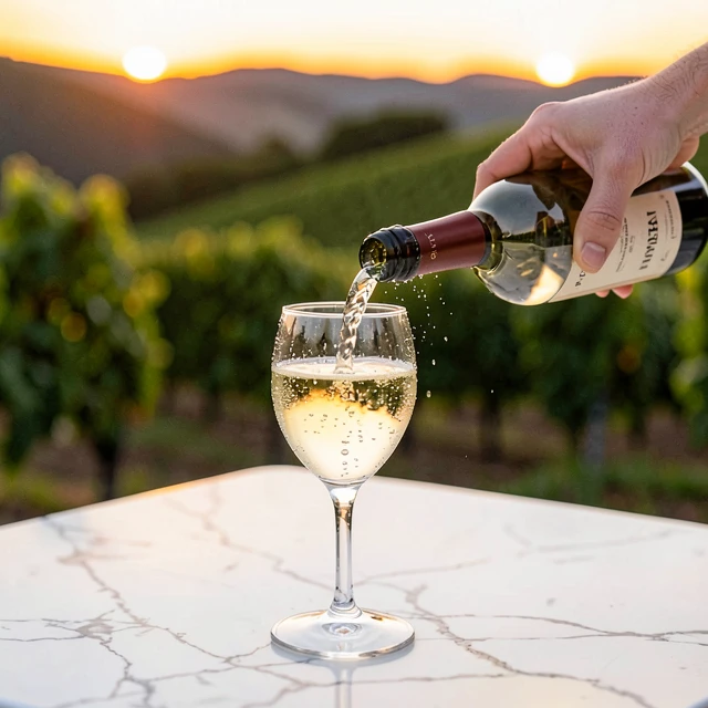 Pouring white wine into a glass with vineyard sunset background