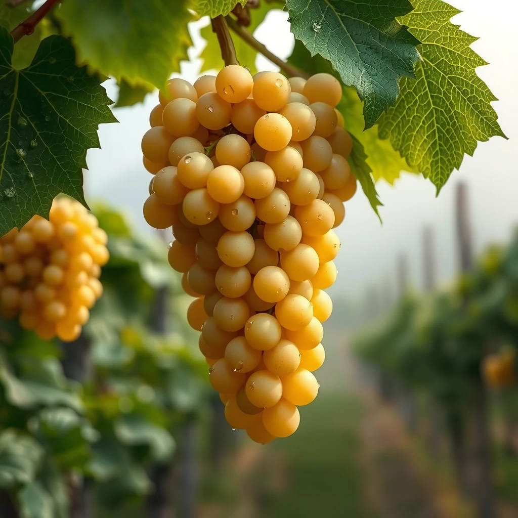 Close-up of dew-covered Chardonnay grapes on the vine in a foggy Sonoma Coast vineyard
