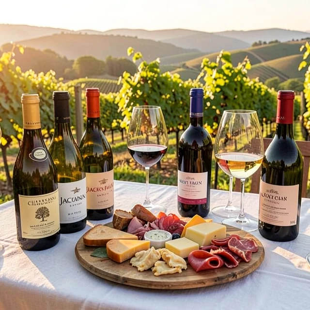 Outdoor wine tasting experience with Jackson Family Wines bottles and food pairings in a vineyard setting
