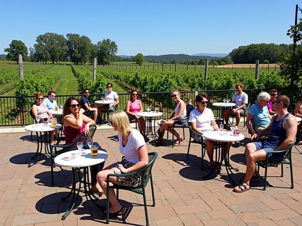Relaxing and pacing oneself during a wine tasting at Beringer's outdoor patio.