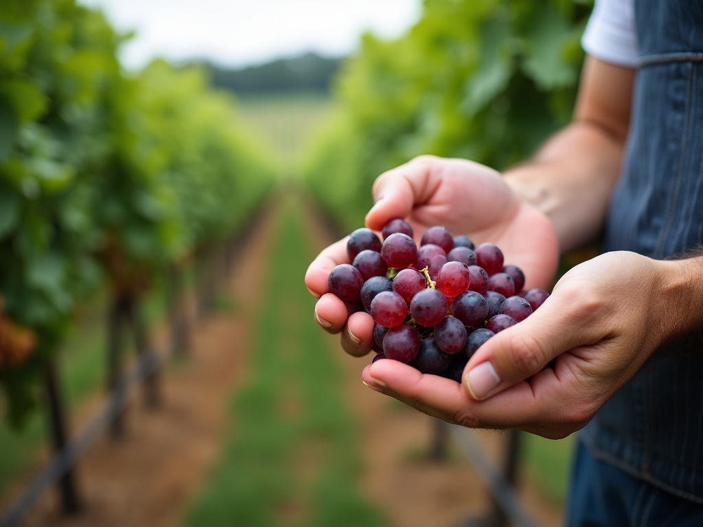 A winemaker inspecting grapes with care, highlighting terroir-driven winemaking.
