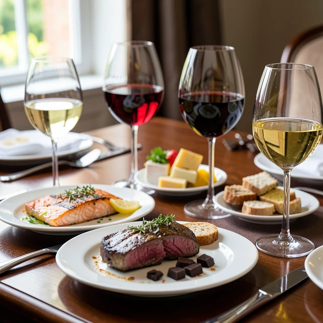 Classic food and wine pairings displayed on a dinner table