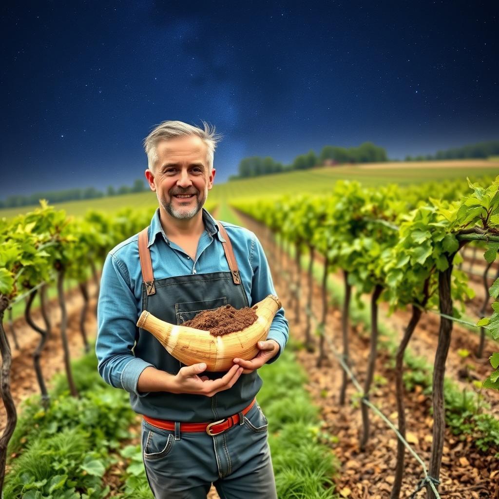 Winemaker with cow horn compost in a biodynamic vineyard under a starry sky.