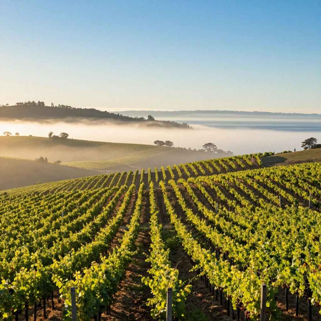 Coastal Chardonnay vineyards in Sonoma County at sunrise with morning fog