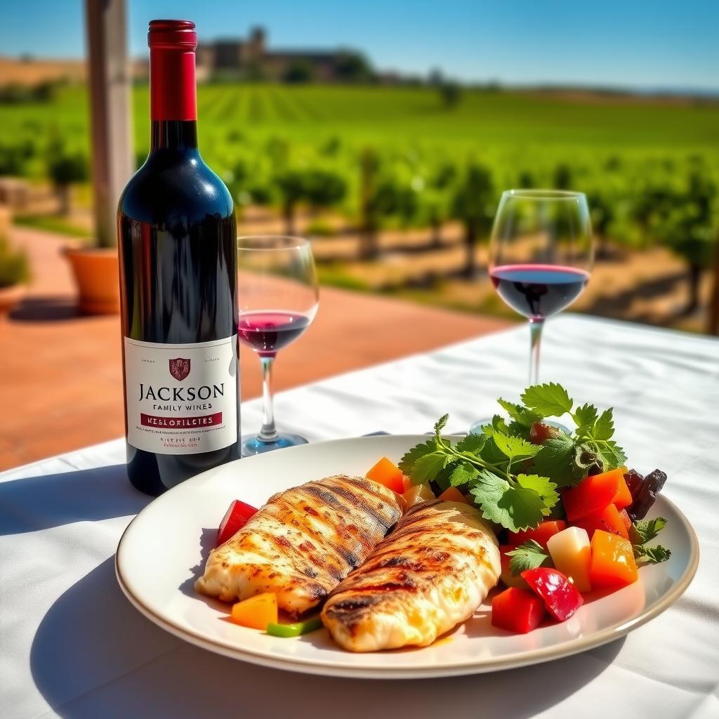 A Mediterranean meal with a bottle of Jackson Family Wines on a sunny terrace overlooking a vineyard.
