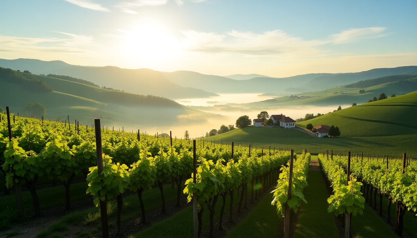 A scenic vineyard at sunrise with rows of grapes and a distant view of mountains.