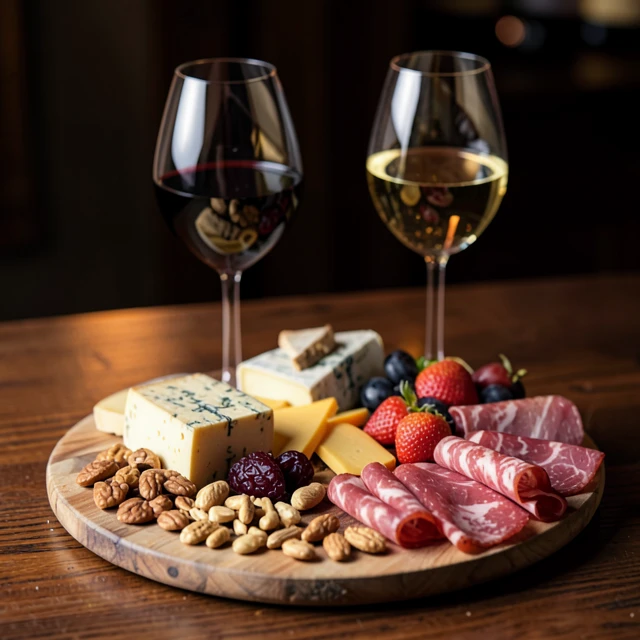 Charcuterie board with wines for perfect food pairing