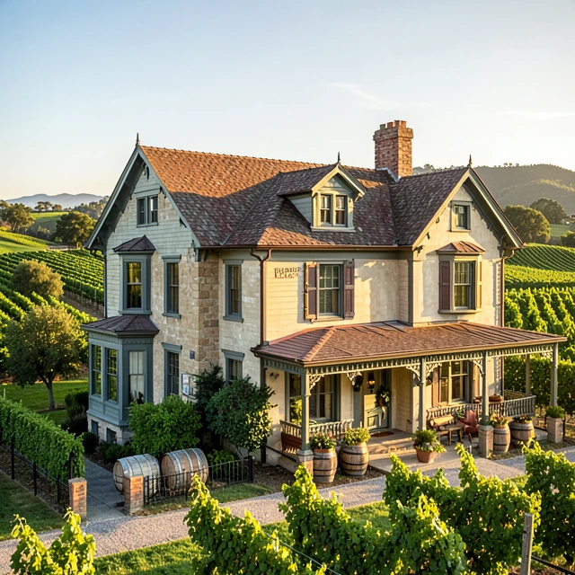 Historic Beringer Rhine House surrounded by Napa Valley vineyards