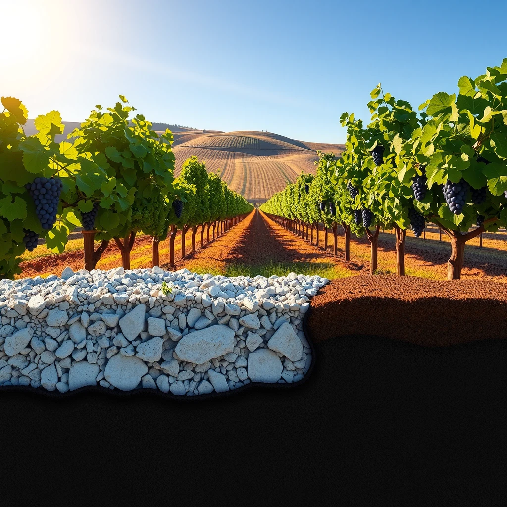 Vineyard landscape showing diverse soil types beneath the grapevines