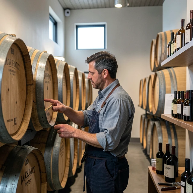 Winemaker examining barrels in Jackson Family Wines cellar