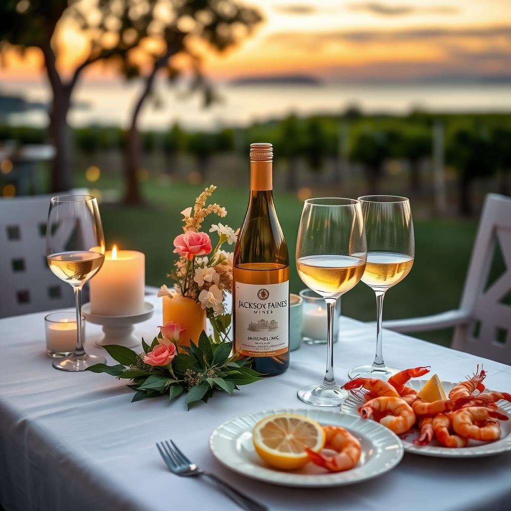 Outdoor dinner table at dusk with a bottle of Jackson Family Wines Sauvignon Blanc, wine glasses, and plates of grilled shrimp in a coastal vineyard setting.