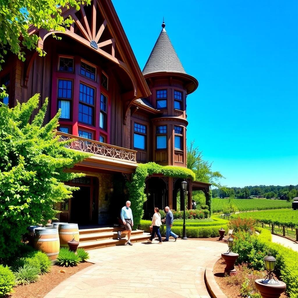 Beringer Vineyards’ Rhine House with gardens and visitors