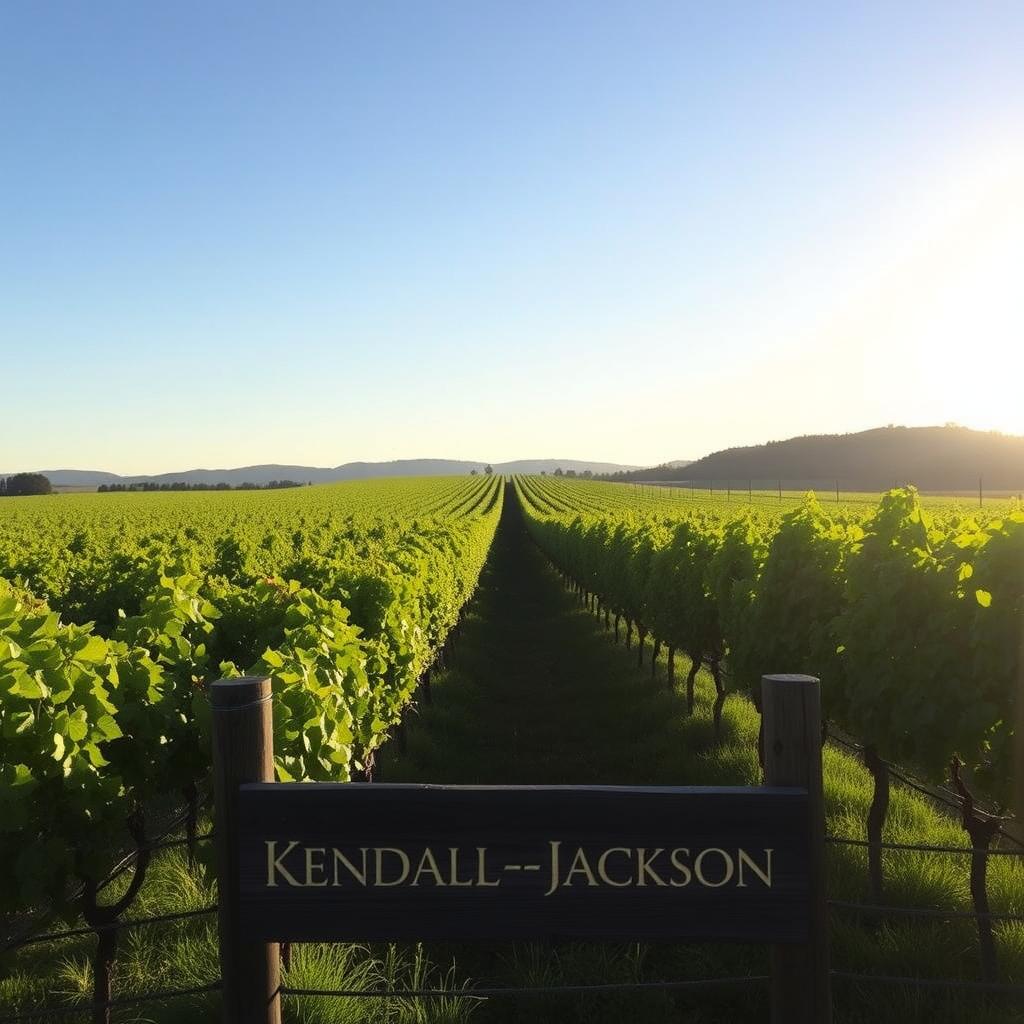 Sunlit Chardonnay grapevines in a Sonoma County vineyard with a Kendall-Jackson sign