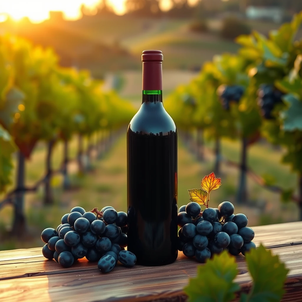 Bottle of Merlot wine with grapes and vineyard in the background