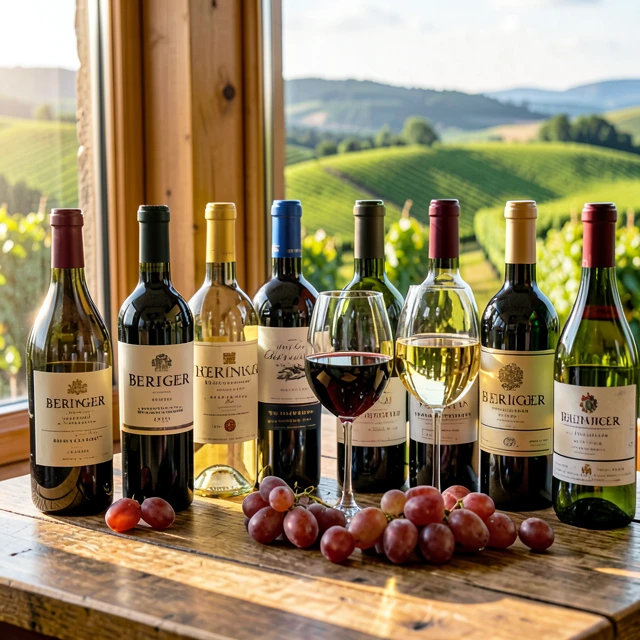 Assortment of wine bottles from different brands on a tasting table with glasses and vineyards in background