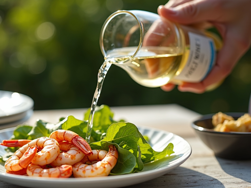 White wine paired with light seafood and salad.