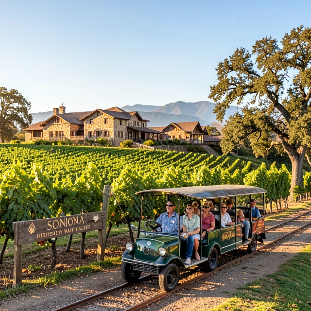 Historic winery in Sonoma Valley with vineyard trolley tour