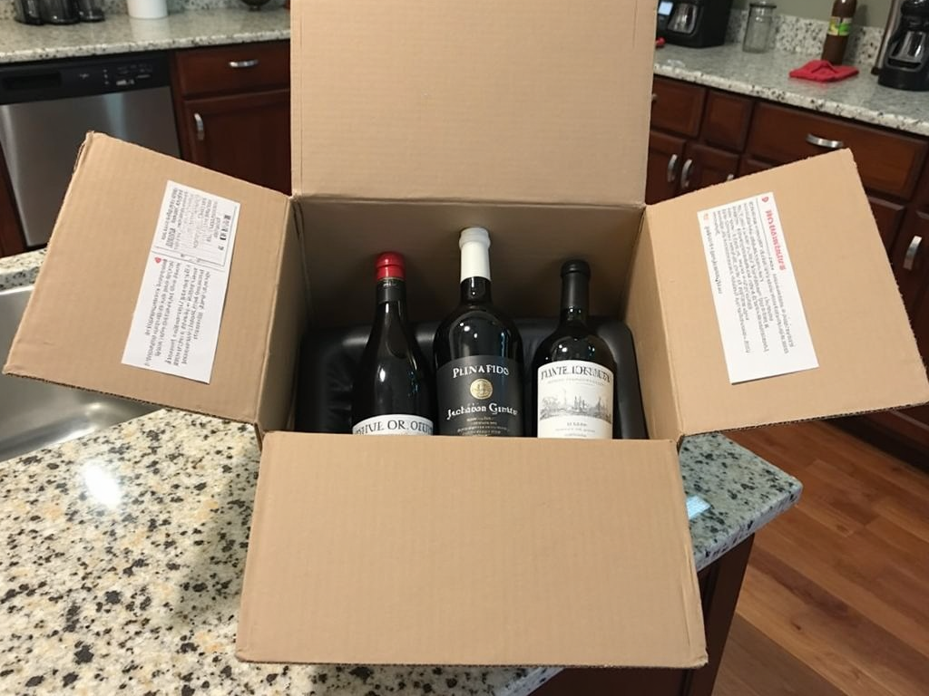 Open wine club shipment box with bottles and notes on a counter.