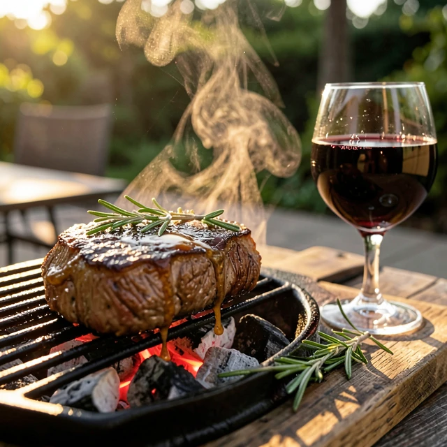 Grilled steak paired with a glass of Cabernet Sauvignon