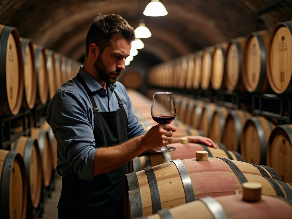Winemaker inspecting a barrel of wine