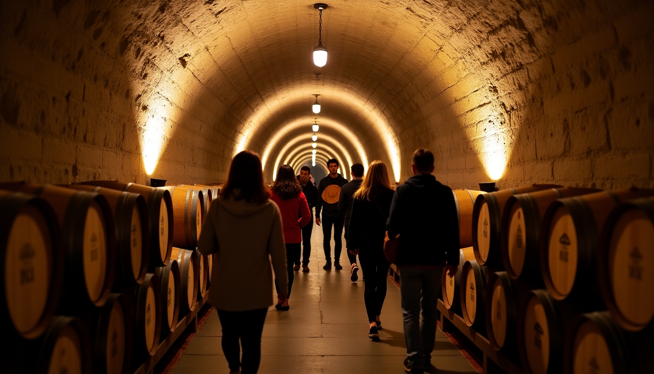 Visitors exploring Beringer's 19th-century wine caves, guided by an expert.