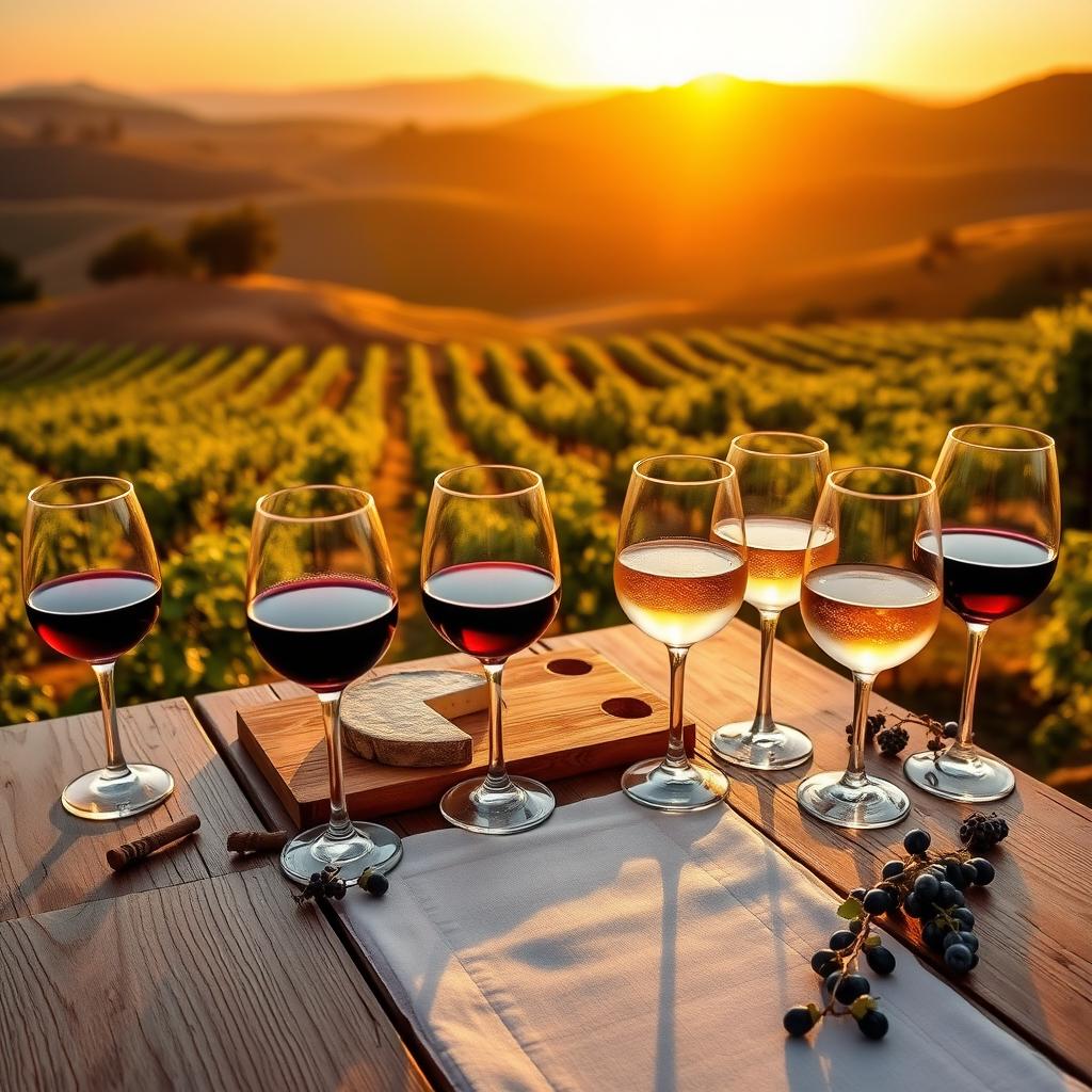 A rustic table with wine glasses and a cheese board, set against Sonoma County vineyards at sunset.