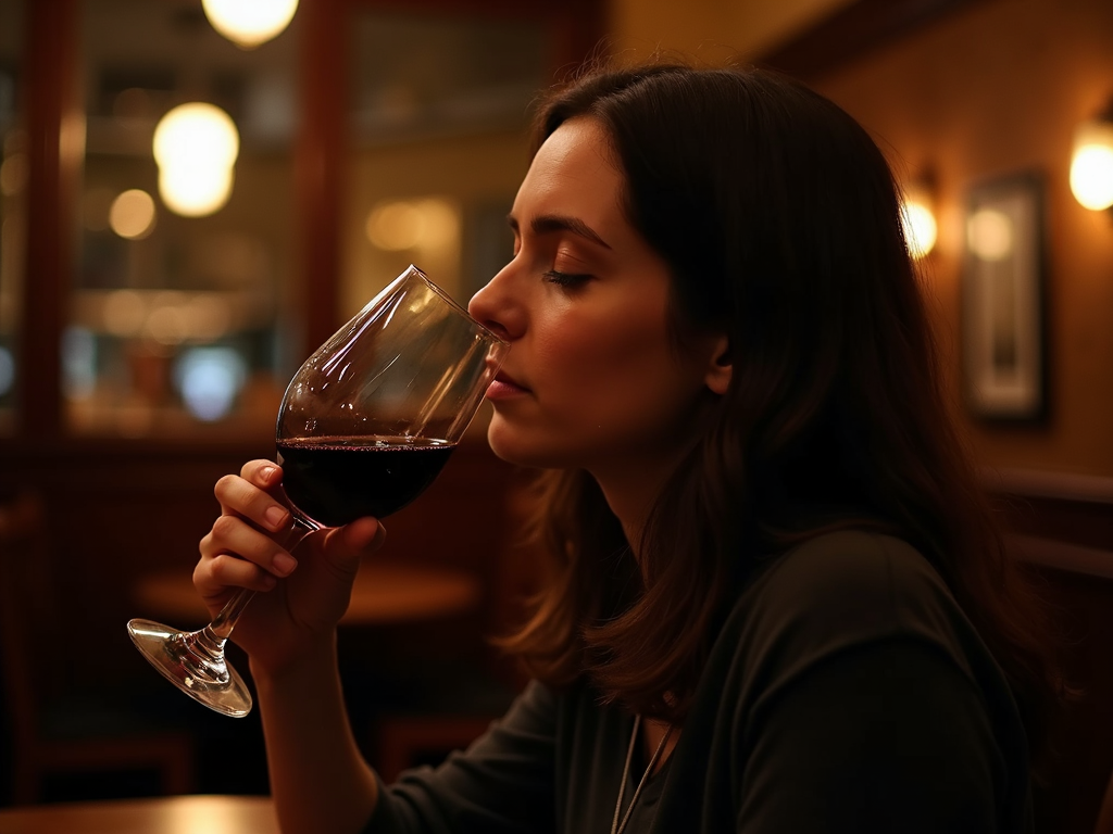 A wine enthusiast savoring the aroma of a glass of red wine in a warmly lit wine bar.