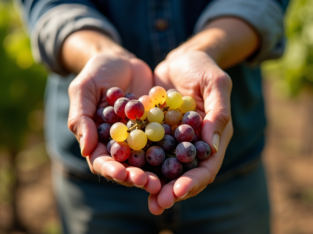 Vintner's hands holding a cluster of ripe grapes in a Sonoma vineyard, symbolizing the region's winemaking heritage.