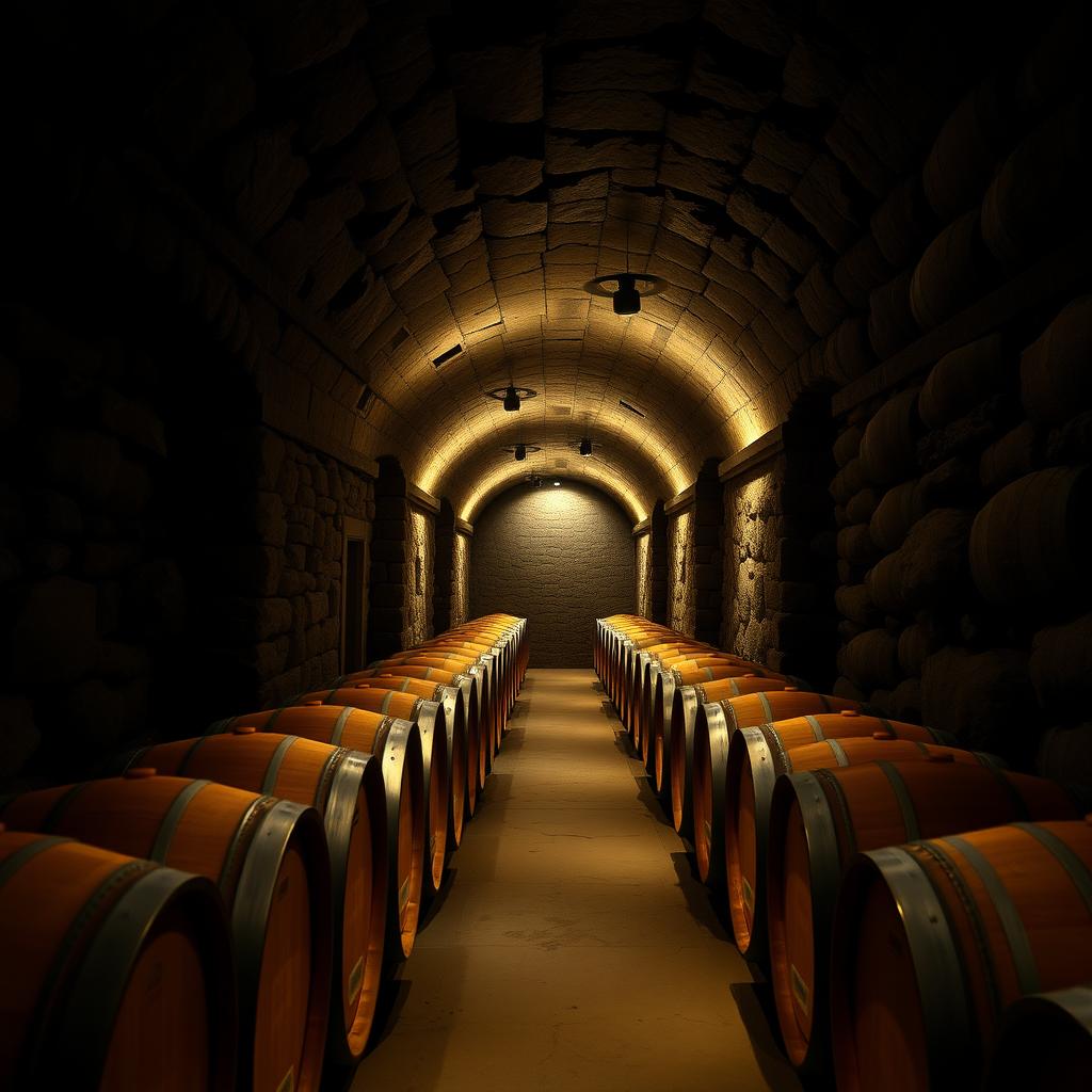 Inside Beringer Vineyards’ historic wine caves, featuring oak barrels along hand-chiseled stone walls under soft lighting.
