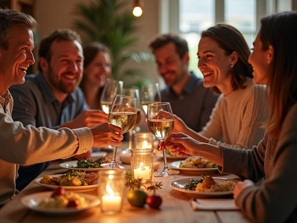 Friends dining with wine.