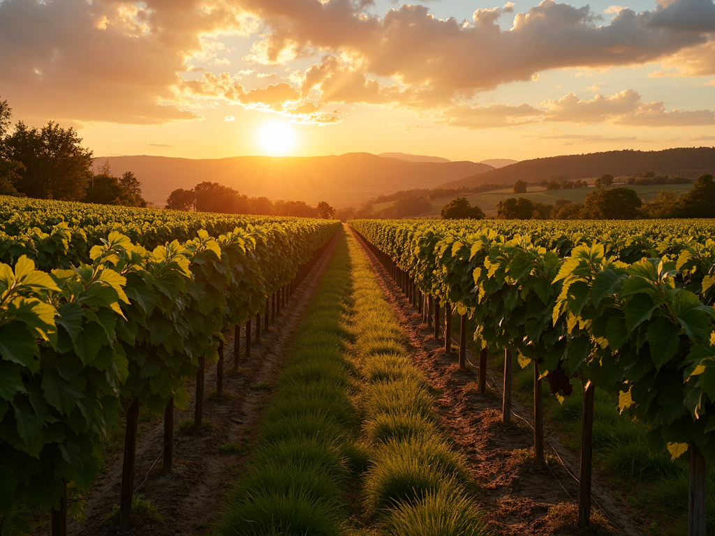 Vineyard at sunset with diverse plant life and wildlife.